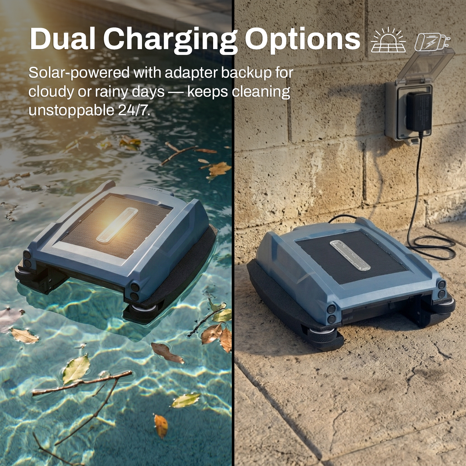 Dual charging — solar panel plus wall adapter